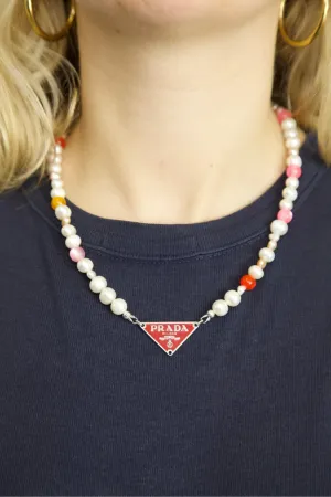 VT Rework : Prada Plaque Cultured Pearl Beaded Necklace