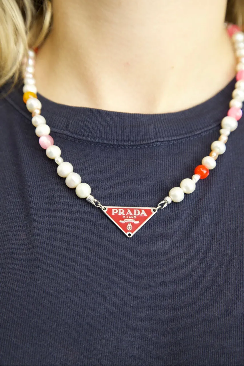 VT Rework : Prada Plaque Cultured Pearl Beaded Necklace